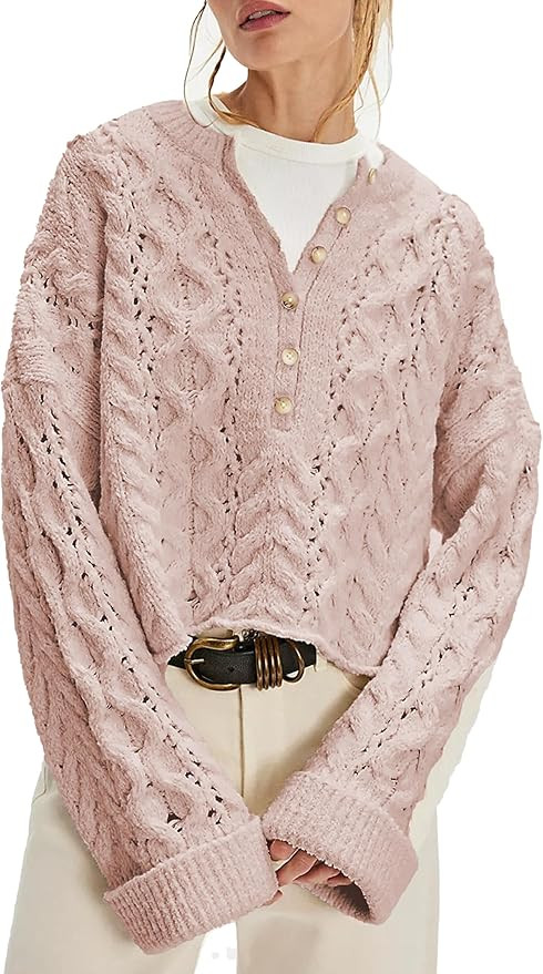 Women's Chunky Cable Knit Sweater Casual Long Sleeve Crewneck Crochet Pullover Boho Fall Winter T... | Amazon (US)