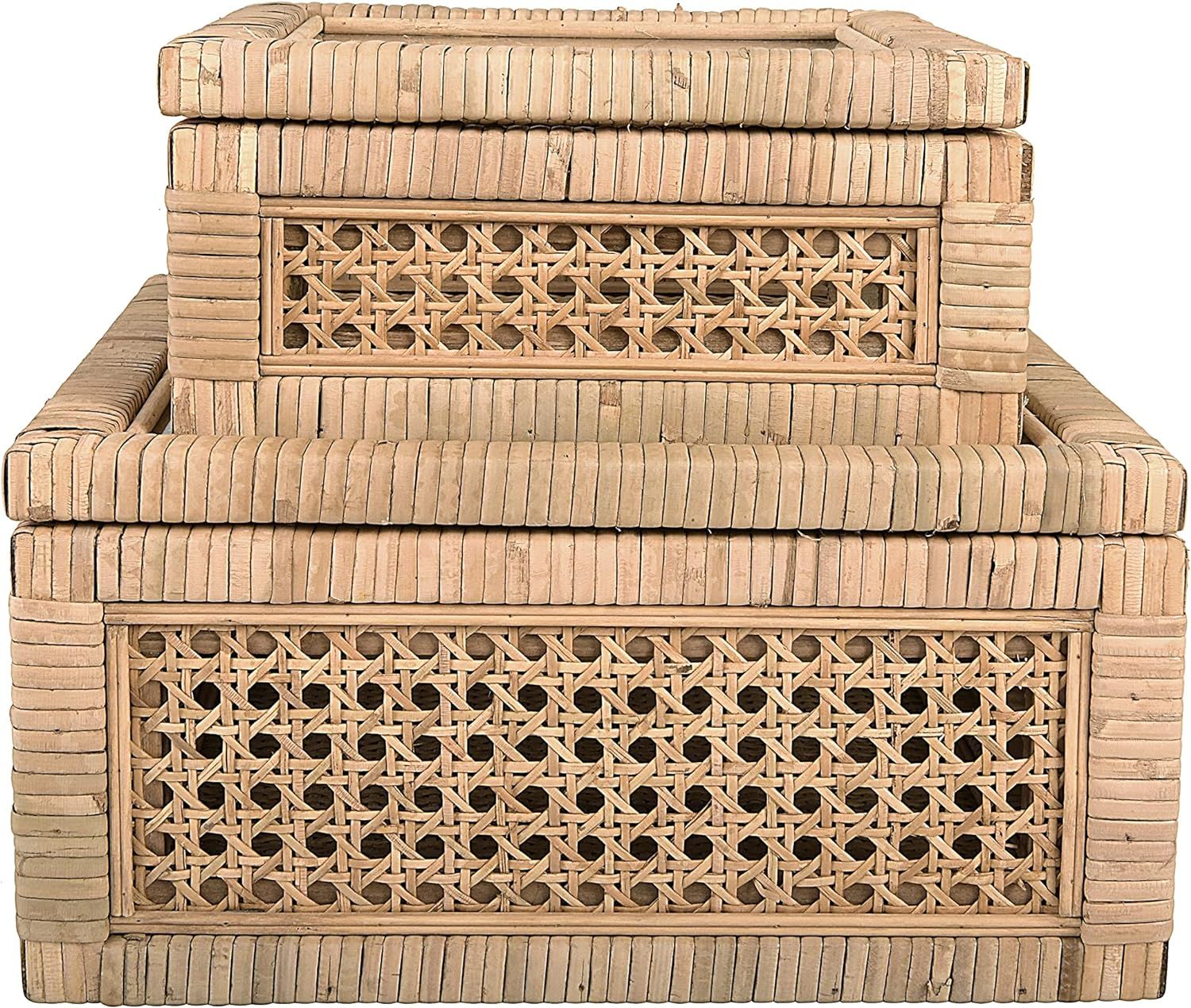 Creative Co-Op Modern Decorative Square Woven Rattan and Wood Display Boxes with Glass Top, Set o... | Amazon (US)