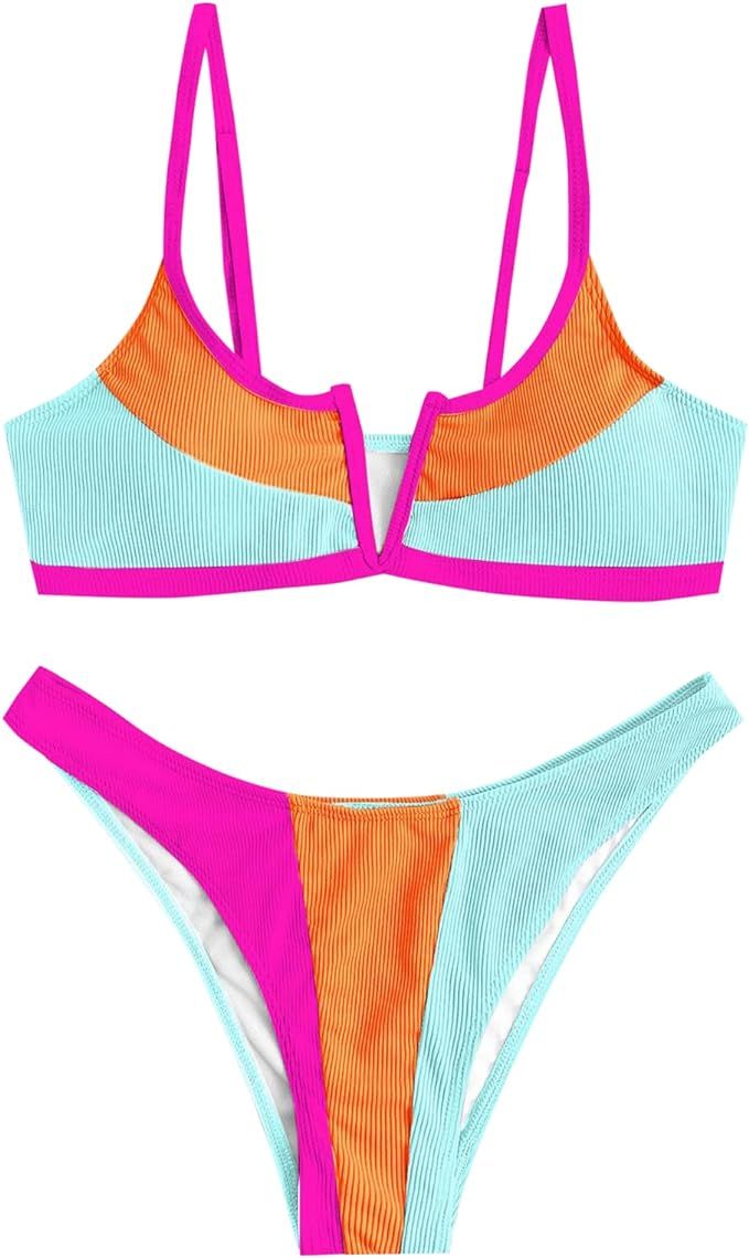 ZAFUL Women's V Wired Bikini Set Colorblock Ribbed Swimwear Sexy High Cut Cheeky Two Piece Swimsu... | Amazon (US)