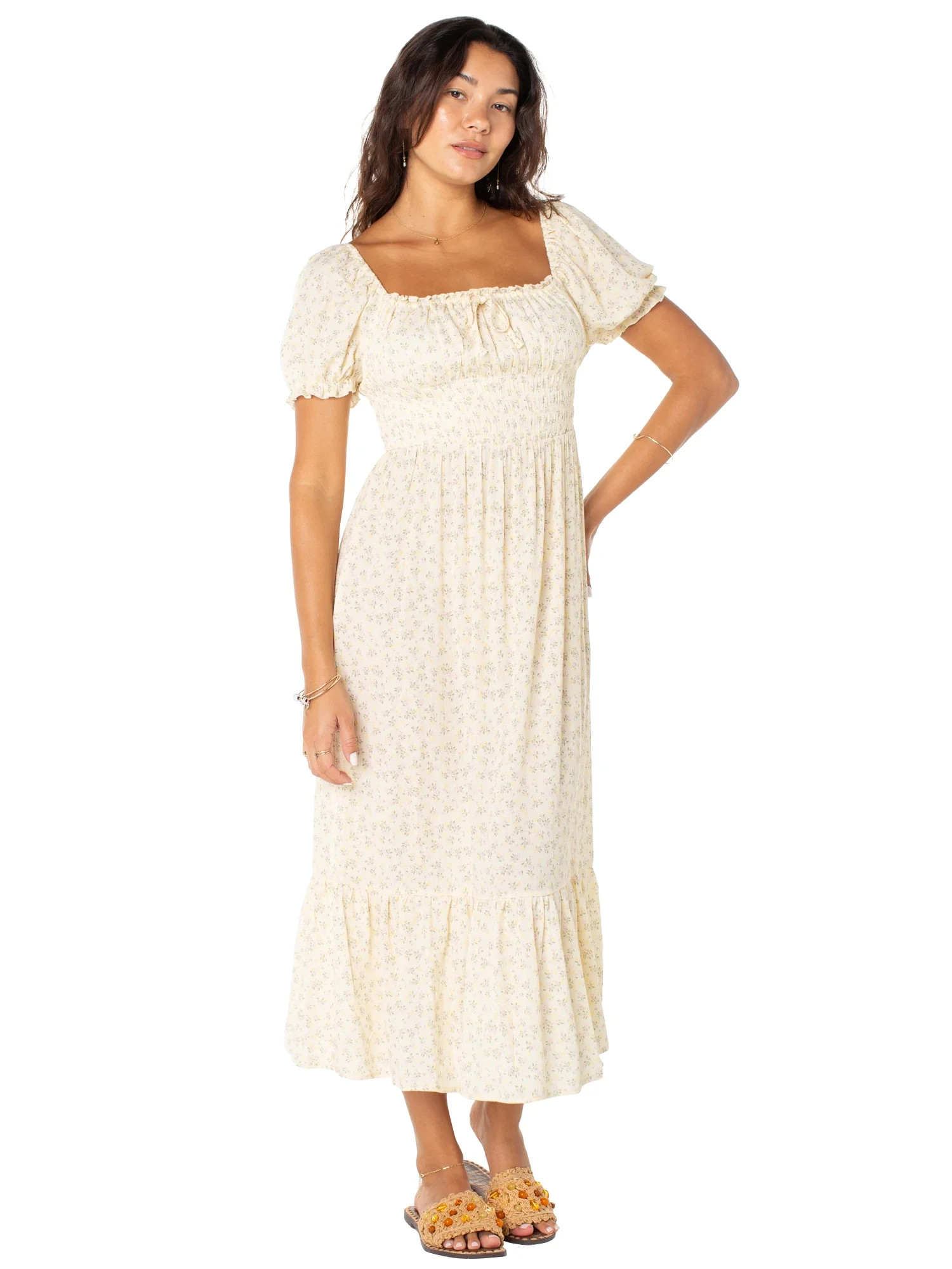 Celebrity Pink Women's and Women's Plus Puff Sleeve Smocked Midi Dress, Sizes XS-XXXL | Walmart (US)