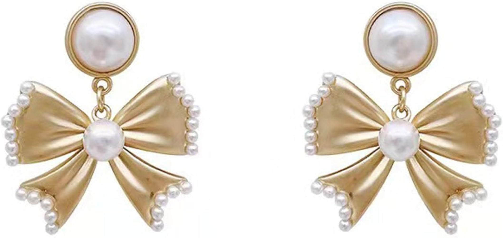 Dainty Bow Earrings for Women Gold Bow Dangle Earrings Vintage Pearl Stud Earrings Statement Earr... | Amazon (US)