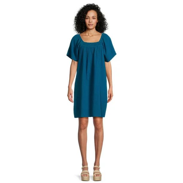 Time and True Short Sleeve Mini Double Cloth Dress | Walmart (US)