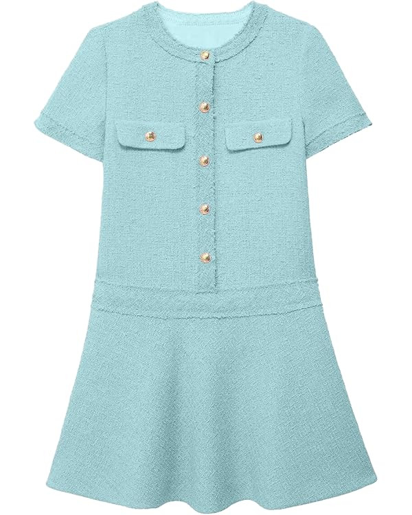 Xaspee Women's Short Sleeve Tweed Dress Crewneck Button Down Elegant Casual Textured Mini Dress w... | Amazon (US)