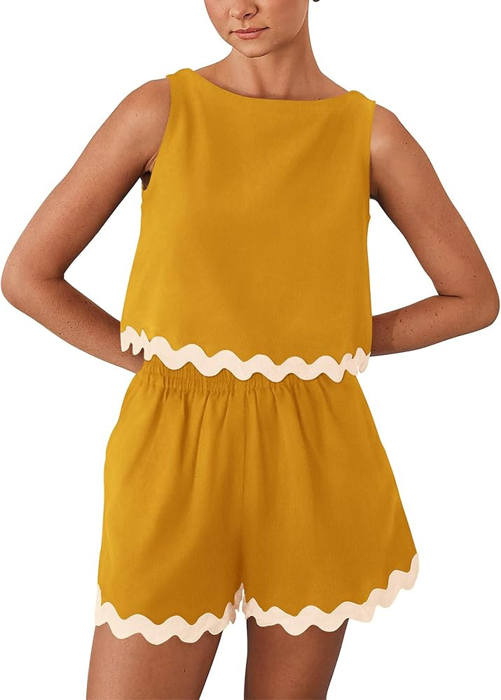 PRETTYGARDEN Womens 2 Piece Beach Vacation Cropped Tank Top High Waist Shorts Set | Amazon (US)