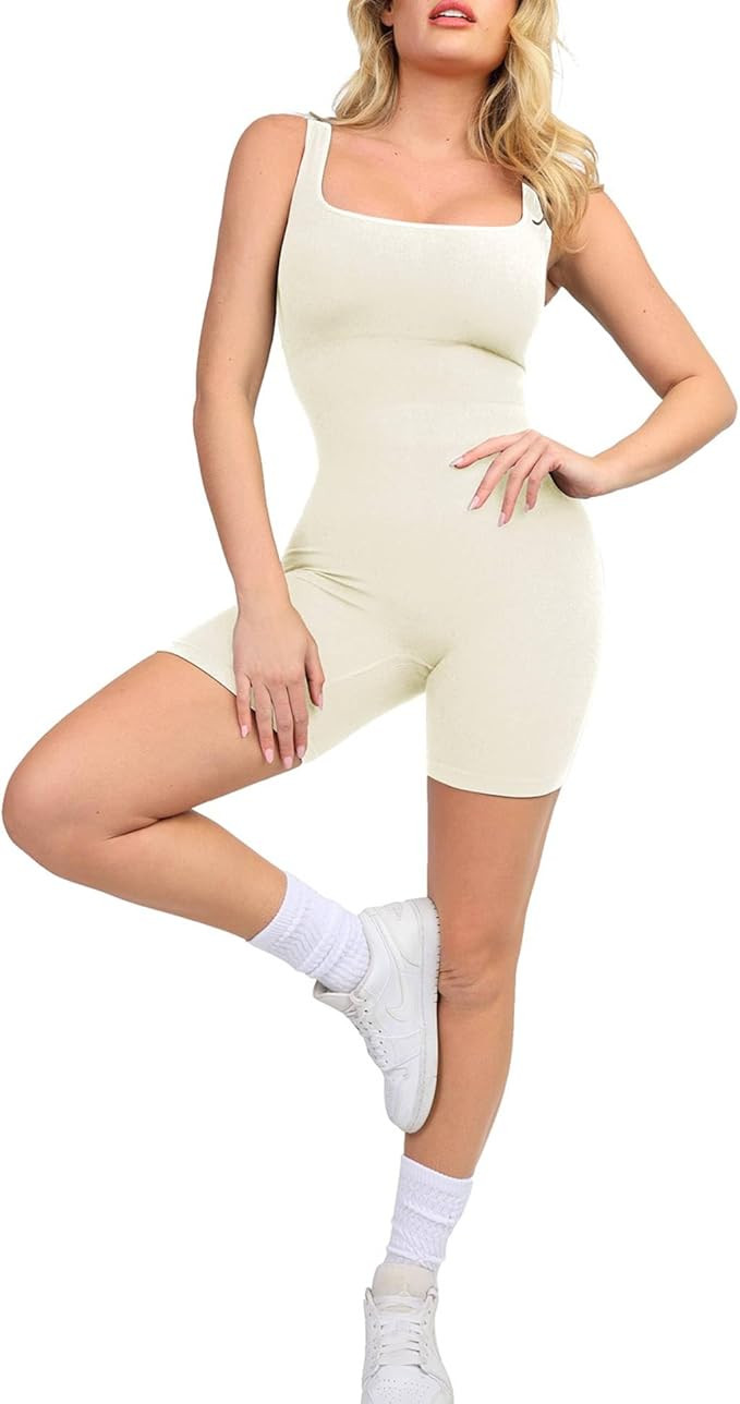Popilush Jumpsuits for Women Built - In Sports Bra Ribbed Short Outfits Tummy Control Rompers Sle... | Amazon (US)