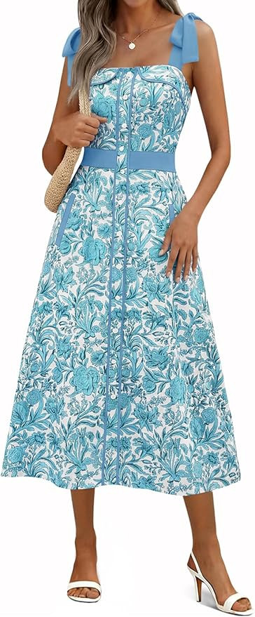 Wenrine Womens Summer Floral Midi Dress Casual Tie Strap Sleeveless Smocked Button Boho Flowy Bea... | Amazon (US)