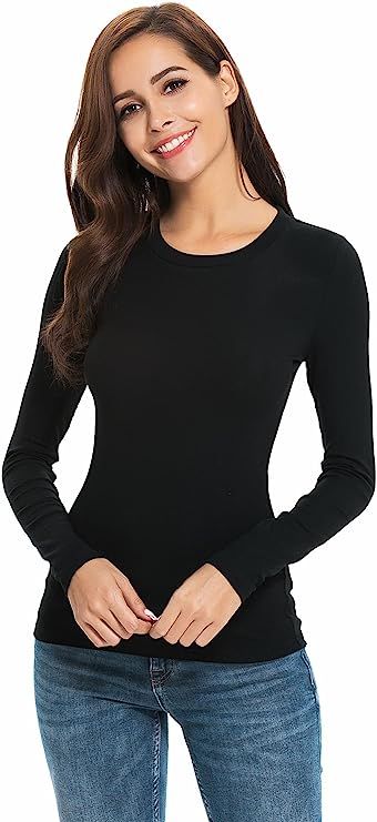 Womens Basic Long Sleeve Crew Neck Comfy Layering Slim Fit Stretch Henley Tees Shirts Top | Amazon (US)
