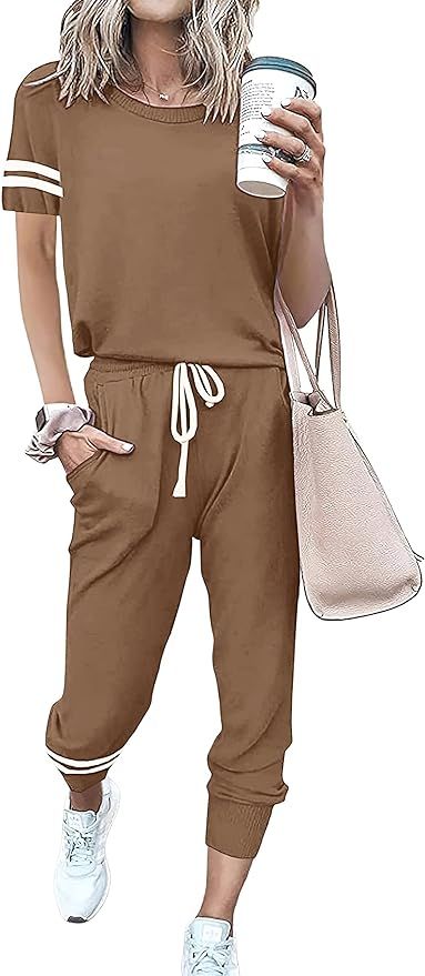 PRETTYGARDEN Women's Two Piece Outfits Striped Short Sleeve Pullover and Long Pants Tracksuit Paj... | Amazon (US)