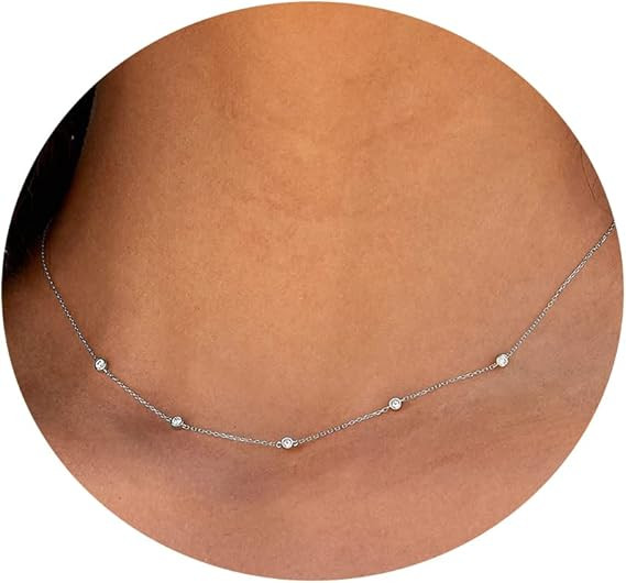 Amazon.com: VRIUA Dainty Silver Necklace Sterling Silver Simple Silver Necklace for Women Cubic Z... | Amazon (US)