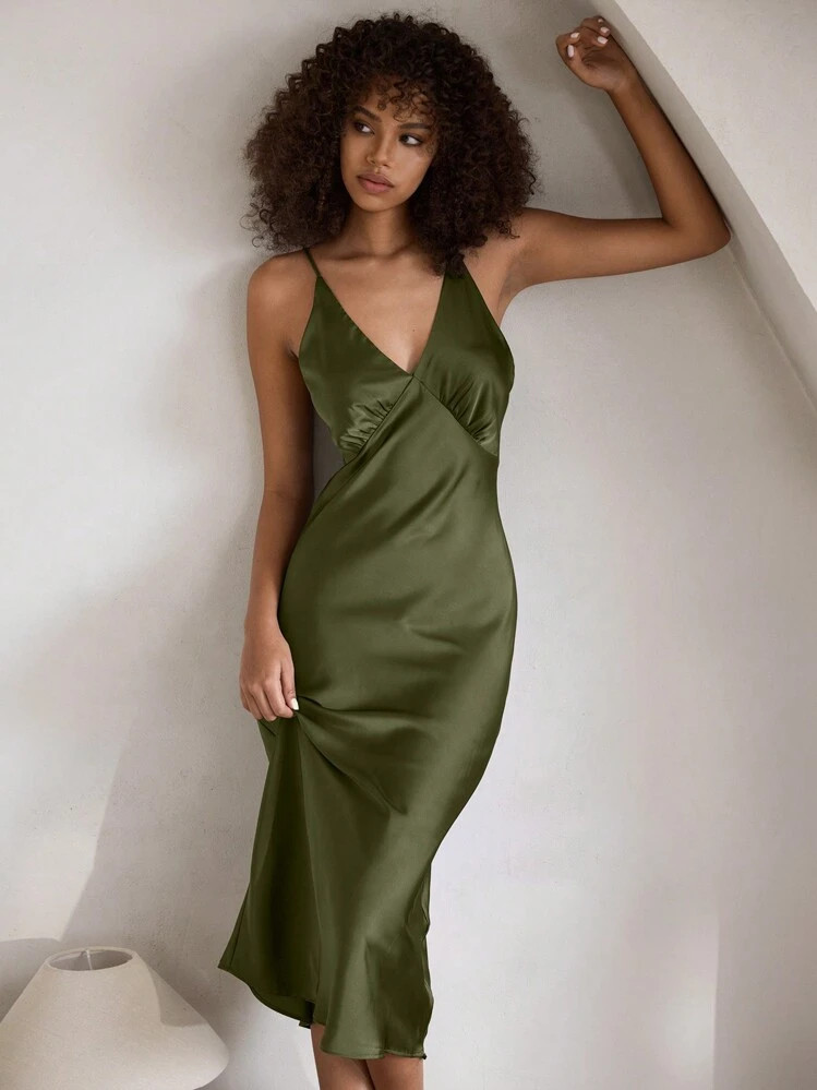 SHEIN Leisure Comfortable Satin-Like Slip Dress, Silky Soft Camisole Nightgown For Women | SHEIN