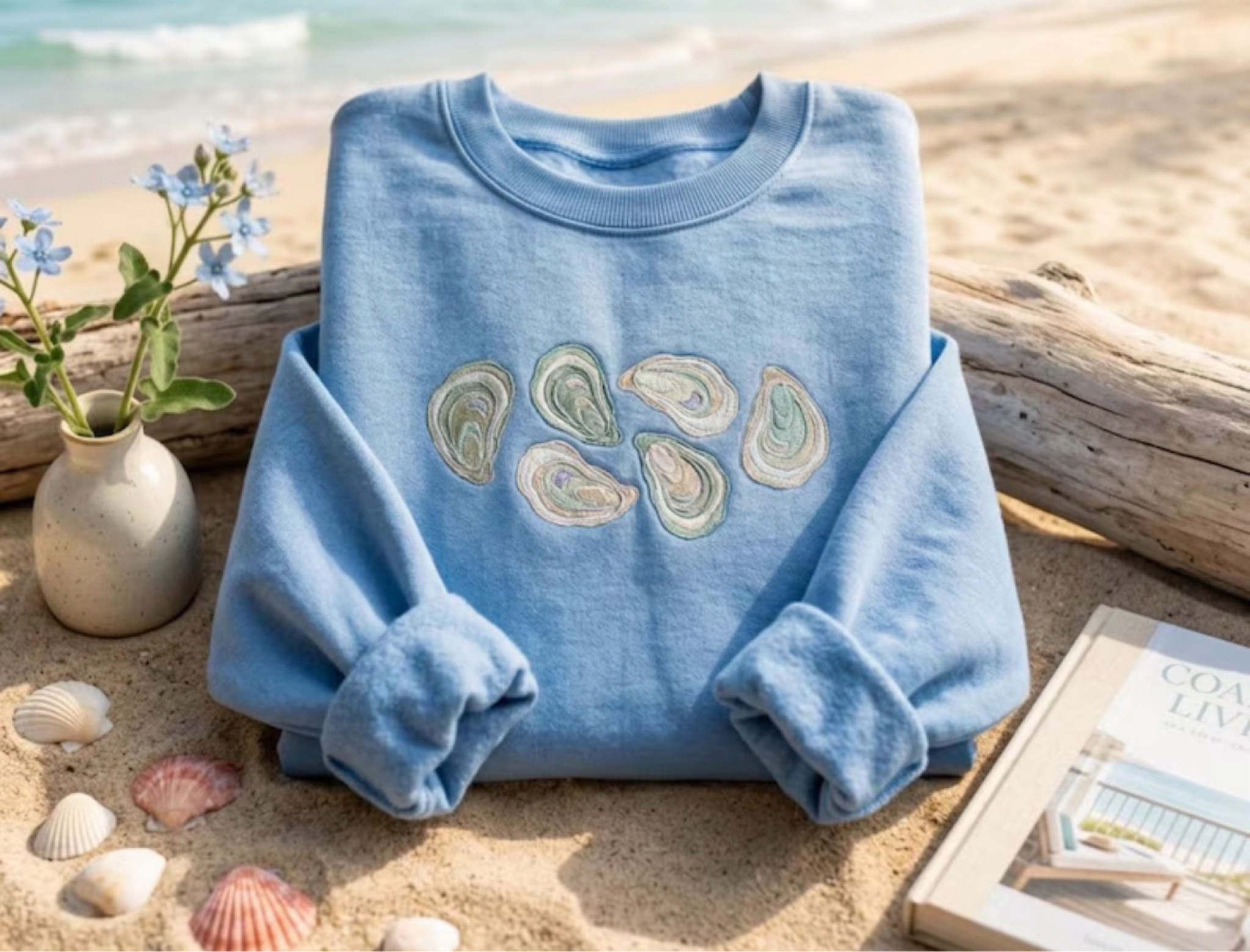 65% off 🎉

Embroidered Oyster Shell Sweatshirt, Coastal Beach Ocean Graphic Tee