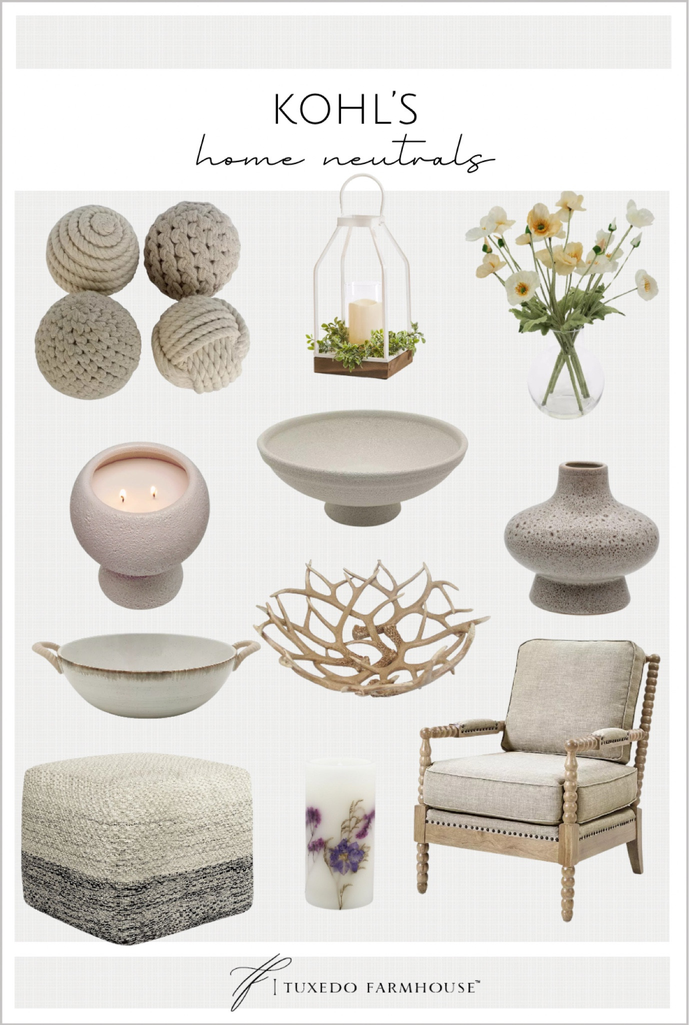 Kohl’s home neutrals 

New arrivals and some familiar favorites. Check out these warm and rustic accents.

Spring, home decor, bowls, poufs, ottoman, chairs, candles, vases, beige, rustic 