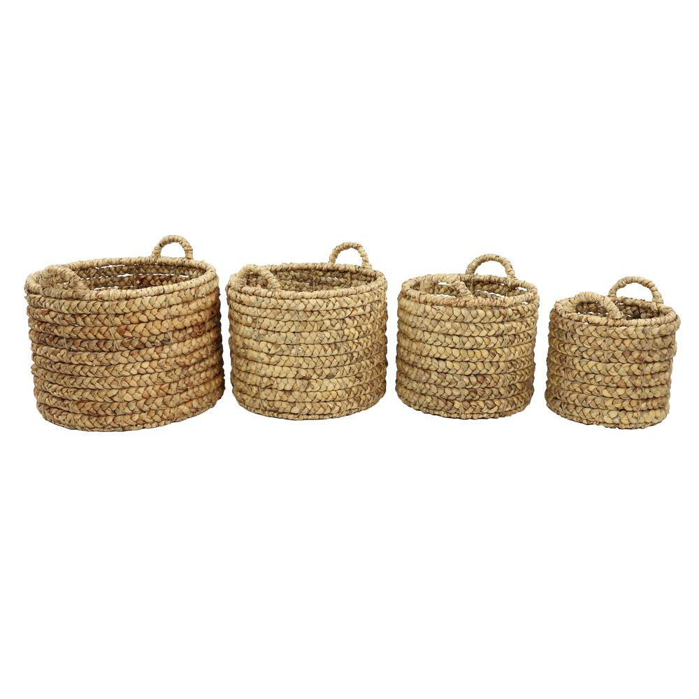 Round Water Hyacinth and Metal Storage Wicker Baskets (Set of 4) | The Home Depot