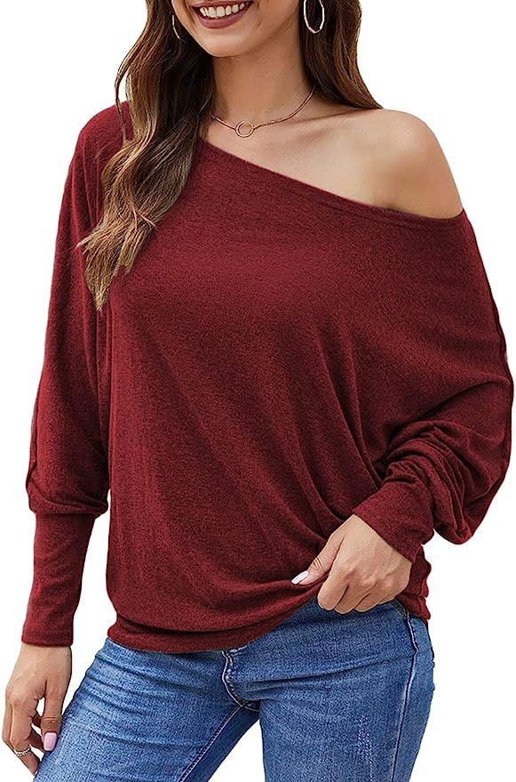 Aifer Women's Off The Shoulder Top Long/Short Sleeve Casual Oversized Shirts Loose Tunic Tops | Amazon (US)