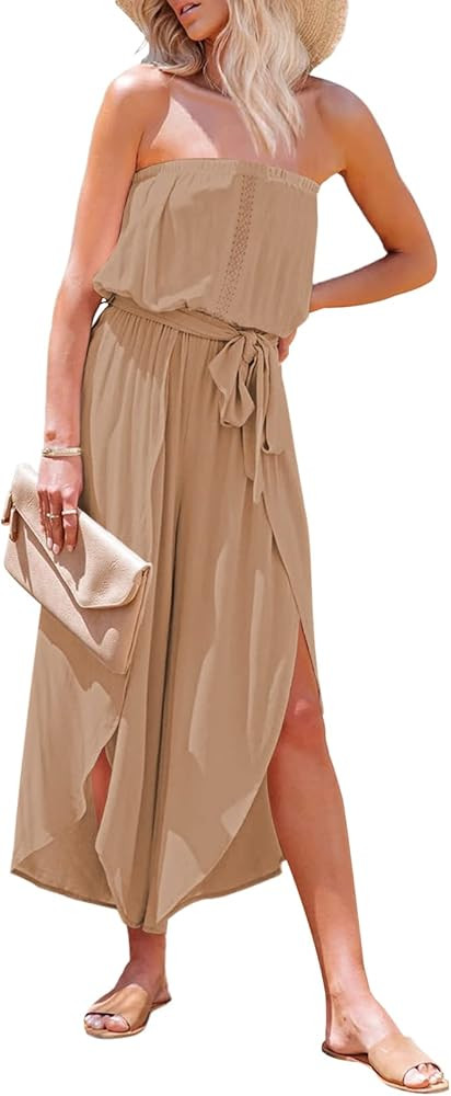 Fixmatti Women Wide Leg Jumpsuit Strapless Tube Top Ruffle Long Pants Romper | Amazon (US)