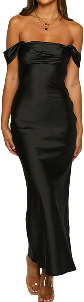 Realtix Elegant Satin Off The Shoulder Ruched Backless Maxi Dress for Women Strapless Tube Sleeve... | Amazon (US)