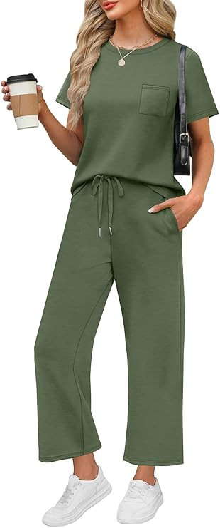 WIHOLL 2 Piece Sets for Women Casual Summer Travel Vacation Outfits Short Sleeve Wide Leg Crop Pa... | Amazon (US)