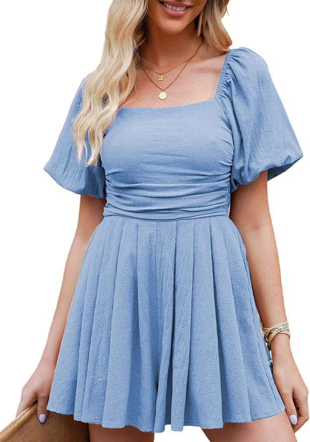AlvaQ Women's Rompers Cute Puff Sleeve Elastic Summer Square Neck Casual Spring Mini Short Romper... | Amazon (US)