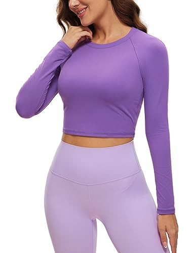 CRZ YOGA Womens Long Sleeve Crop Workout Tops Athletic Yoga Running Cropped Tops Slim Fit Gym Shirts Royal Lilac Large | Amazon (US)
