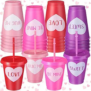 24 Pcs Valentine's Day Cups Bulk with Straw and Lid 16 Oz Reusable Plastic Heart Cups Pink Red Cu... | Amazon (US)
