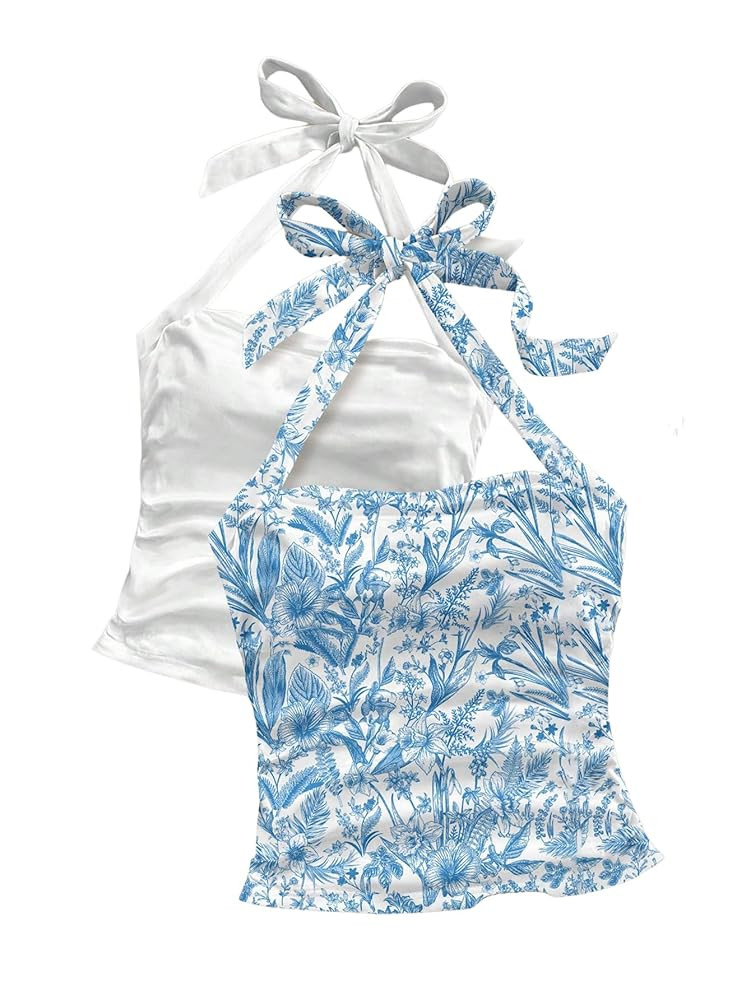 SHENHE Women's 2 Pack Summer Boho Halter Top Tie Backless Beach Vacation Cute Crop Tank | Amazon (US)