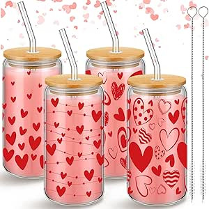 Ziliny 4 Pcs Valentine's Day Can Shaped Glass Cups 16oz Iced Coffee Cups Cute Coffee Glass Can Sh... | Amazon (US)