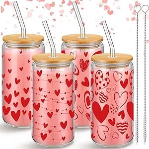 Ziliny 4 Pcs Valentine's Day Can Shaped Glass Cups 16oz Iced Coffee Cups Cute Coffee Glass Can Sh... | Amazon (US)