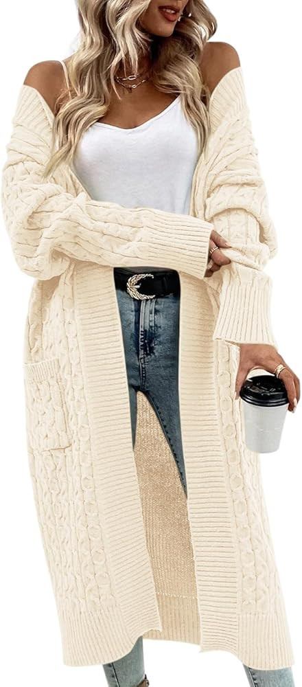 Onedreamer Womens Long Cardigan Cable Knit Open Front Long Sleeve Sweater Coats with Pockets | Amazon (US)