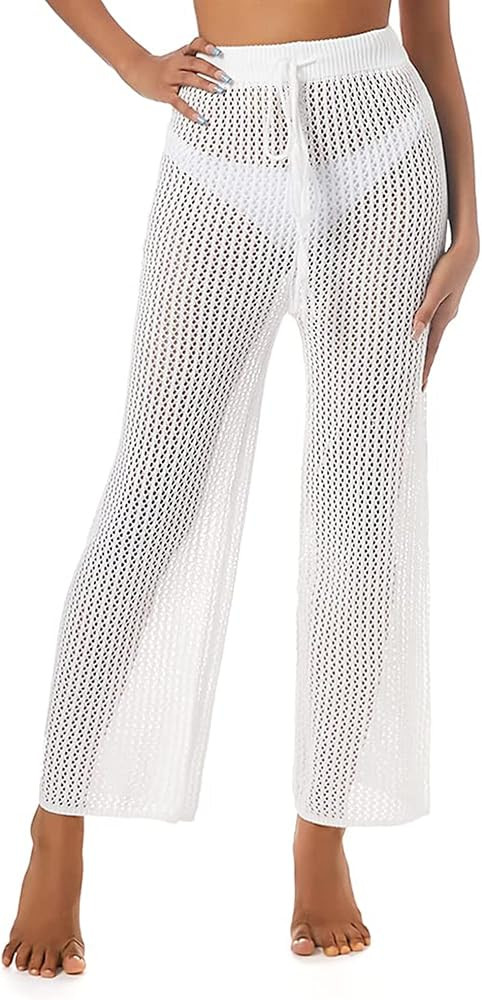 ZAFUL Women's Cover Up Pants Crochet Hollow Out Beach Pants Drawstring Elastic High Waist Straigh... | Amazon (US)