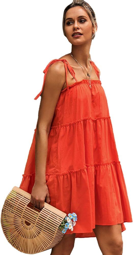Romwe Women's Sleeveless Spaghetti Strap Tiered Layer Frill Knot Loose Summer Cami Dress | Amazon (US)