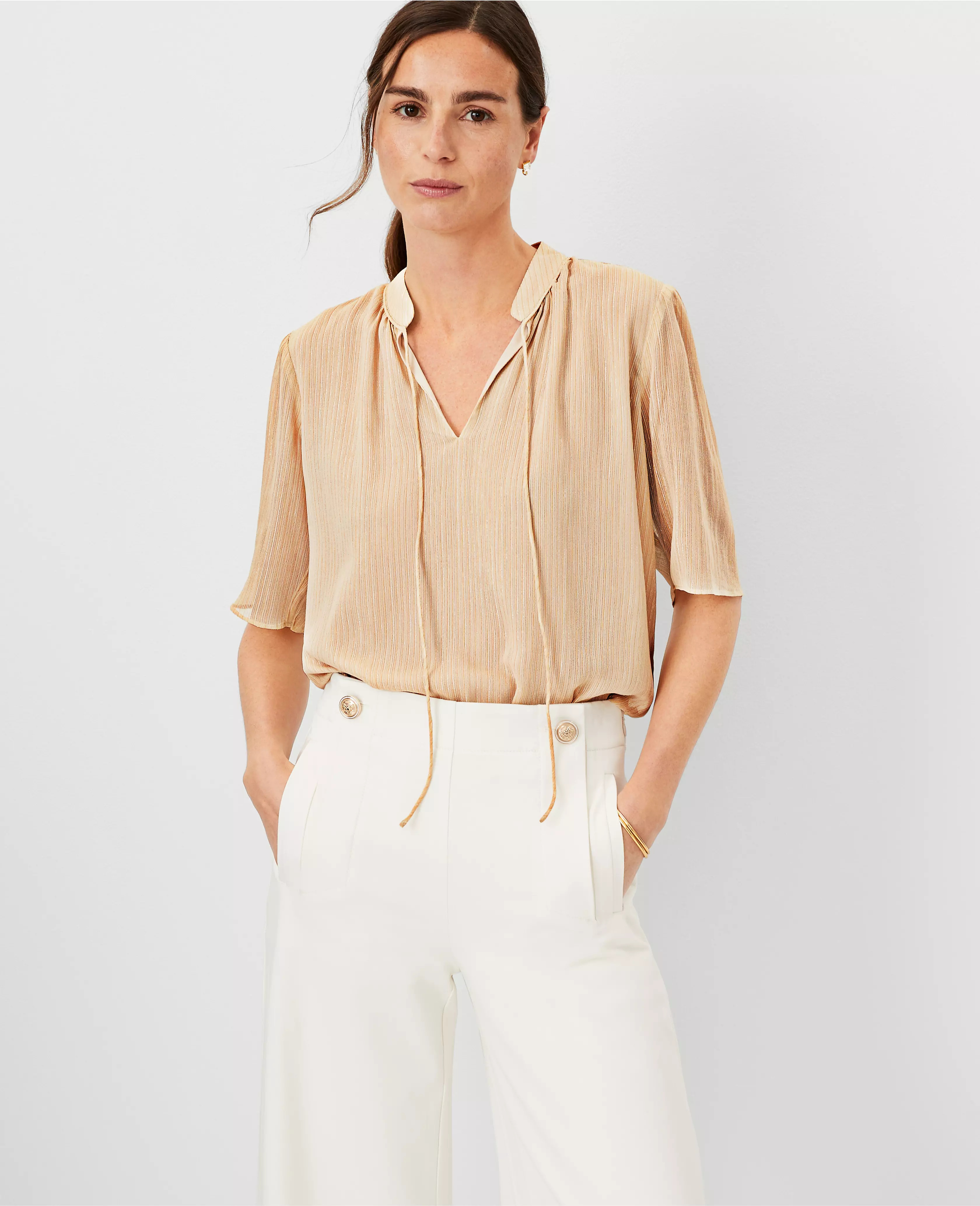 Metallic Stripe Stand Collar Tie Neck Top | Ann Taylor (US)