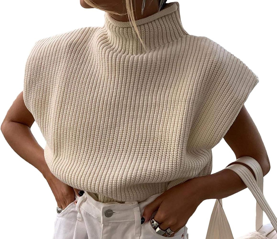 xxxiticat Women's Shoulder Pad Sweater Top Sleeveless Turtleneck Wide Shoulder Knitted Sweater Jumpe | Amazon (US)