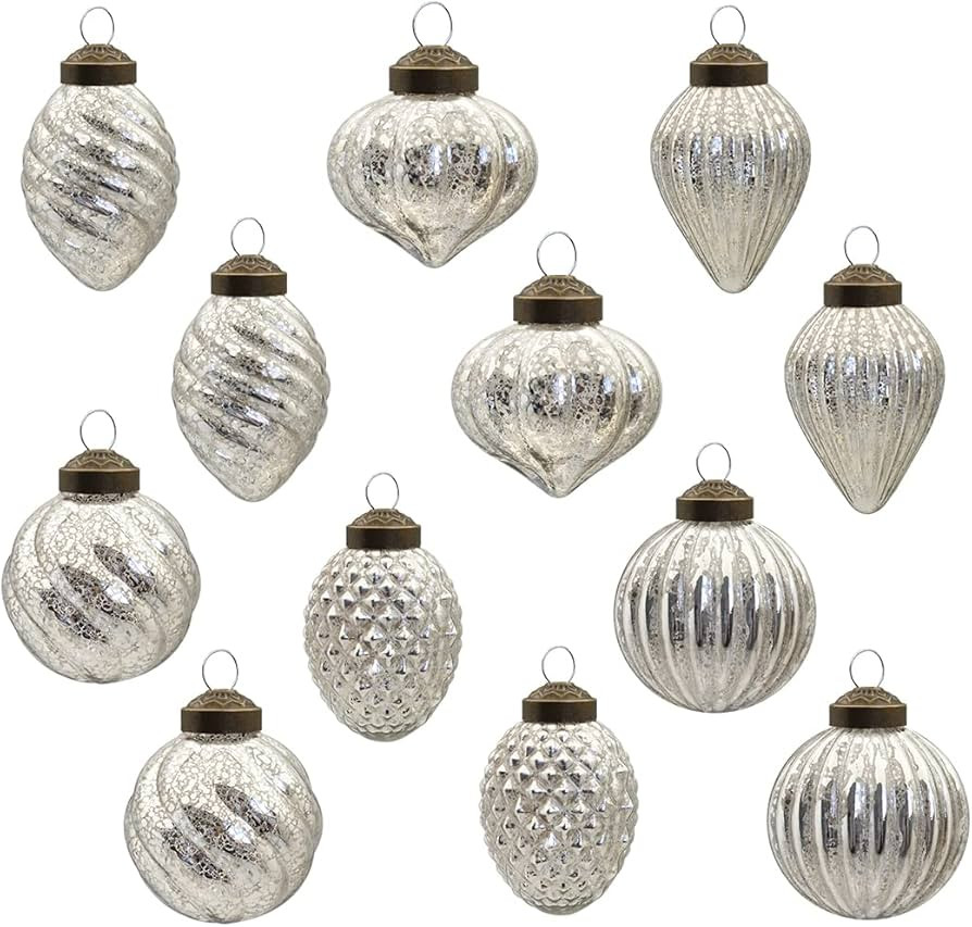 Glass Christmas Ball Antiqued Ornaments Holiday Decor Silver Color Small Series(12 Pieces) | Amazon (US)