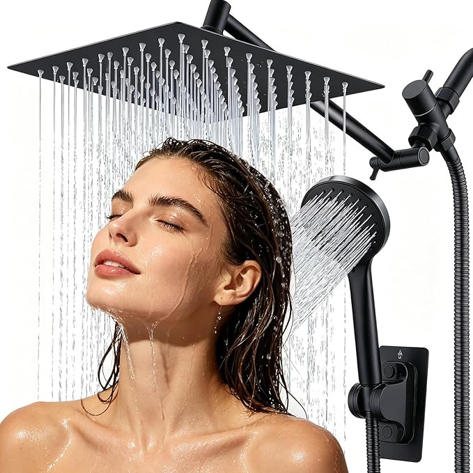 Peicuai Shower Head Combo, 10-Inch High-Pressure Rainfall Shower Head with 11-Inch Adjustable Extension Arm, 5-Setting Matte Black Handheld Shower with Long Hose, Powerful Spray for Low Water Pressure | Amazon (US)