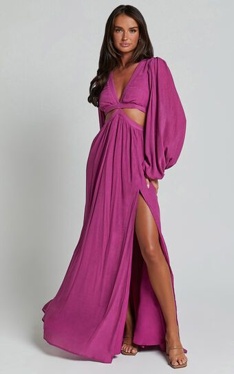 Paige Maxi Dress - Side Cut Out Balloon Sleeve Dress in Orchid | Showpo (ANZ)