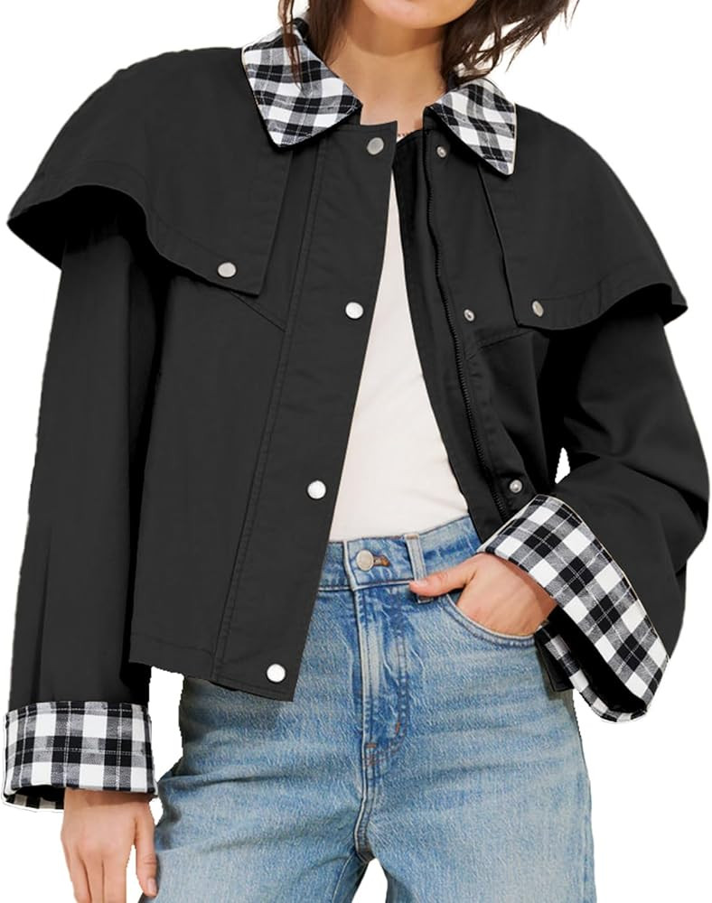 Women’s Gingham Trim Cape Jacket Lightweight Cotton Cropped Trench Coat with Snap Button and Co... | Amazon (US)