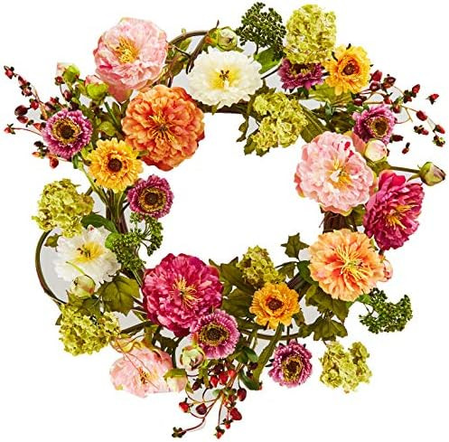Nearly Natural 24" Peony Wreath, 24in, Mixed | Amazon (US)