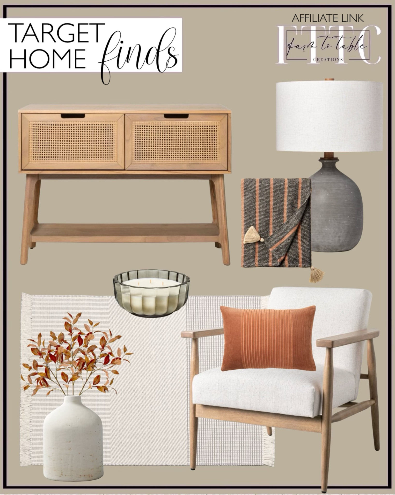 Target Home Finds. Follow @farmtotablecreations on Instagram for more inspiration.

Twill Throw Blanket Gray/Rust. Tinted Glass Dried Eucalyptus Scalloped Jar Candle Gray. Corduroy Lumbar Throw Pillow. Upholstered Natural Wood Accent Chair. Wood & Cane Console Table with Pull-Down Drawers. Distressed Ceramic Vase Natural White. 36" Faux Rusted Long Leaf Eucalyptus Fall Stem. Resin Table Lamp Gray. Tri Patterned Area Rug. 

Target Fall Decor. Target Home. Fall Finds. Budget Friendly Decor. Hearth and Hand. Studio McGee. Target Deals. Target Circle. Living Room Furniture. Living Room Decor. Area Rug. 

#LTKSaleAlert #LTKHome #LTKFindsUnder50