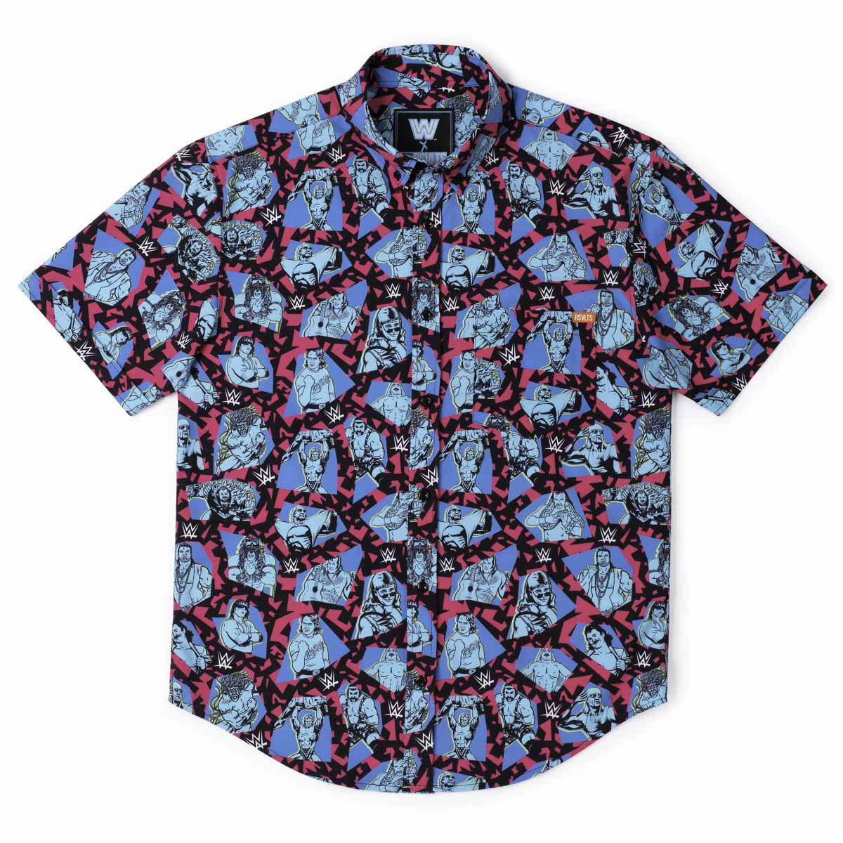 Men's RSVLTS Blue WWE 90's Style KUNUFLEX Button-Down Short Sleeve Shirt | Fanatics