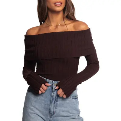 Petal & Pup Inora Foldover Off the Shoulder Rib Sweater in White at Nordstrom, Size Large | Nordstrom