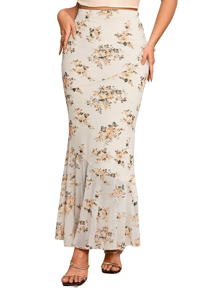 Verdusa Women's Floral Print High Waist Bodycon Ruffle Hem Fishtail Long Skirt | Amazon (US)