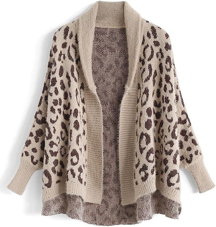 CHICWISH Women's Fuzzy Leopard Open Front Batwing Sleeves Knit Cardigan | Amazon (US)
