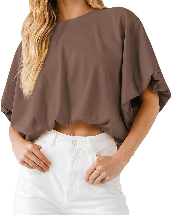 Women's Bubble Hem Crop Tops Summer Short Sleeve Crewneck Loose Fit Casual Cropped T Shirts Soft ... | Amazon (US)