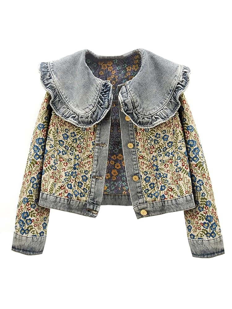 Women’s Sweet Peter Pan Collar Long Sleeve Jacquard Denim Jacket | Amazon (US)