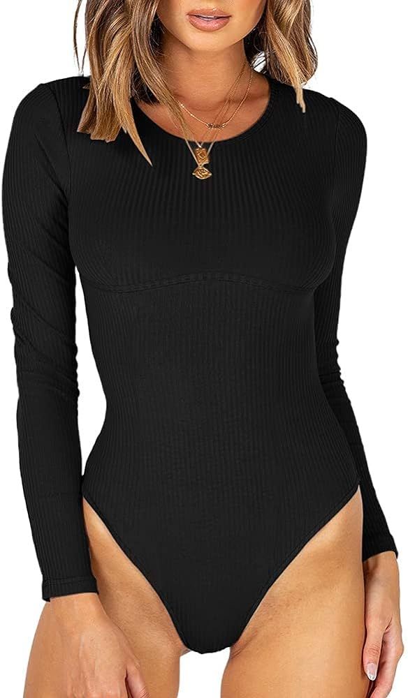 MISSJOY Women Long Sleeve bodysuits Crew Neck Ribbed Knit Leotards Underbust Detailing Tops | Amazon (US)