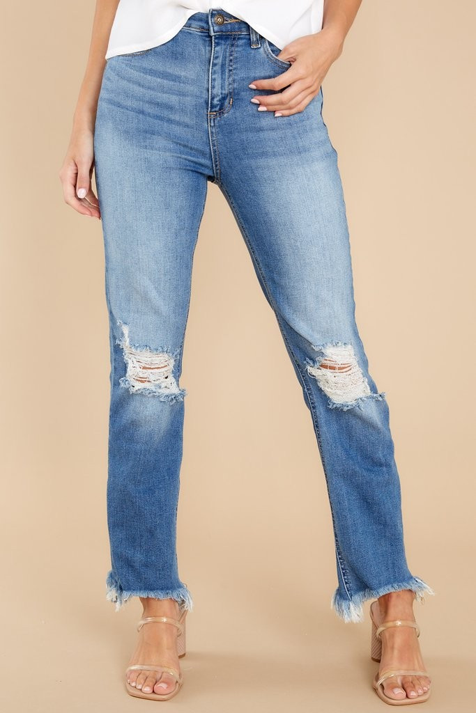 Chill For A Bit Medium Wash Distressed Straight Jeans | Red Dress 