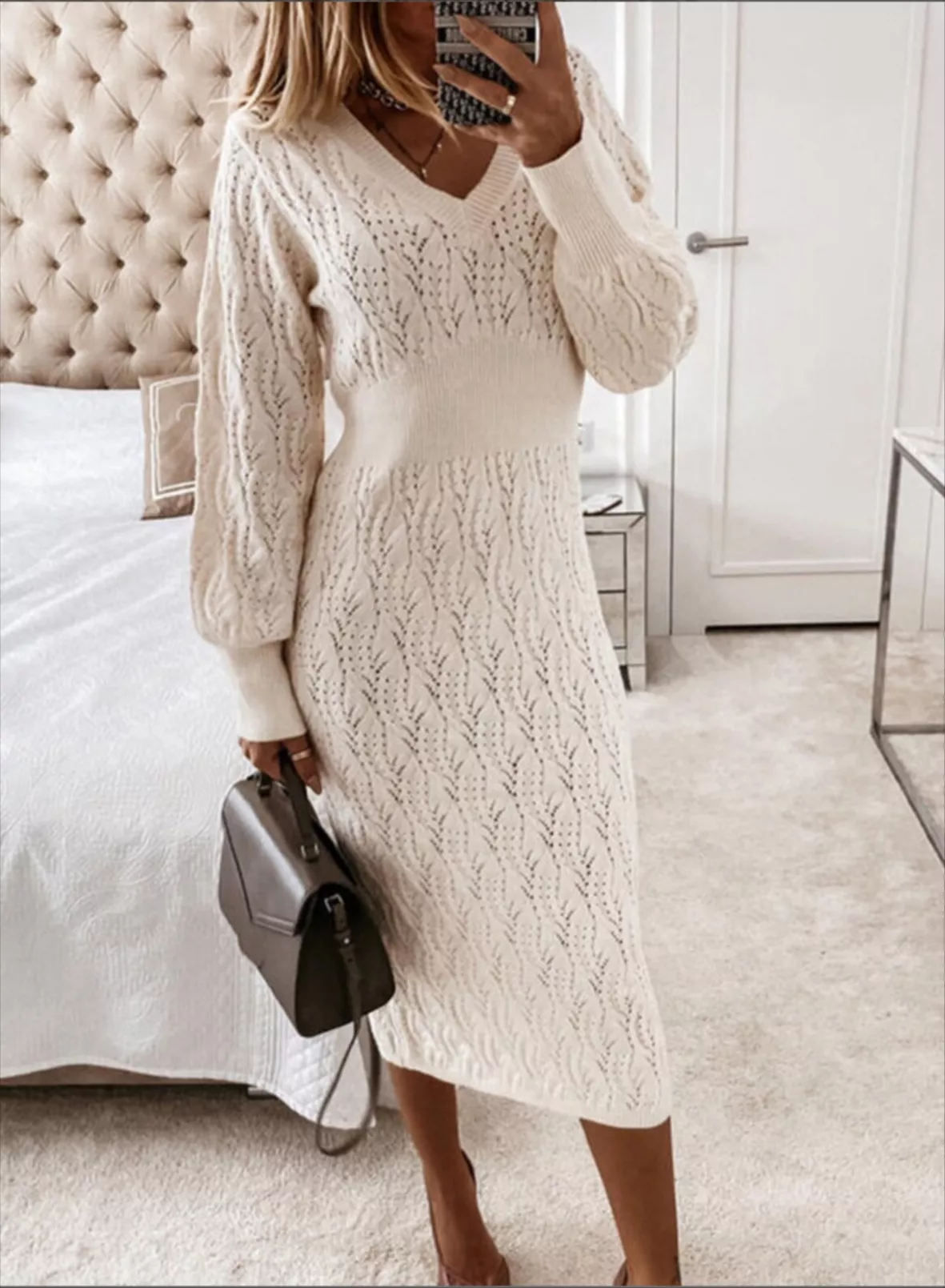 knit dresses for winter Aboser Womens Ribbed Long Sleeve Mock Neck Pullover Sweaters Fashion Fall Dress Loose Lantern Sleeve Midi Dresses Bust 84 Knitted Wrap Midi Dress /