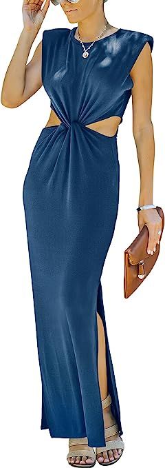 Prinbara Womens Side Cutout Padded Shoulder Summer Long Bodycon Dress Sleeveless Slit Club Party ... | Amazon (US)