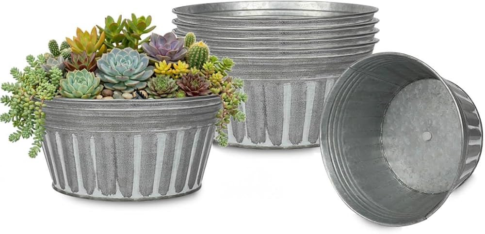 vensovo 10 Inches Silver Metal Rustic Plant Pots - 4 Pcs Large Shallow Galvanized Planters with D... | Amazon (CA)