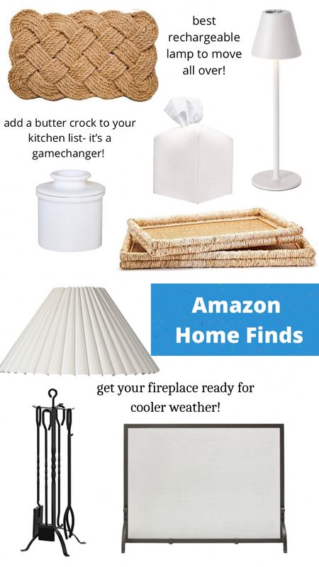 Amazon home finds! Home decor, tissue box cover, rattan tray, lampshade, fireplace tool set, fireplace screen, lamp, outdoor rug

#LTKunder50 #LTKhome #LTKsalealert